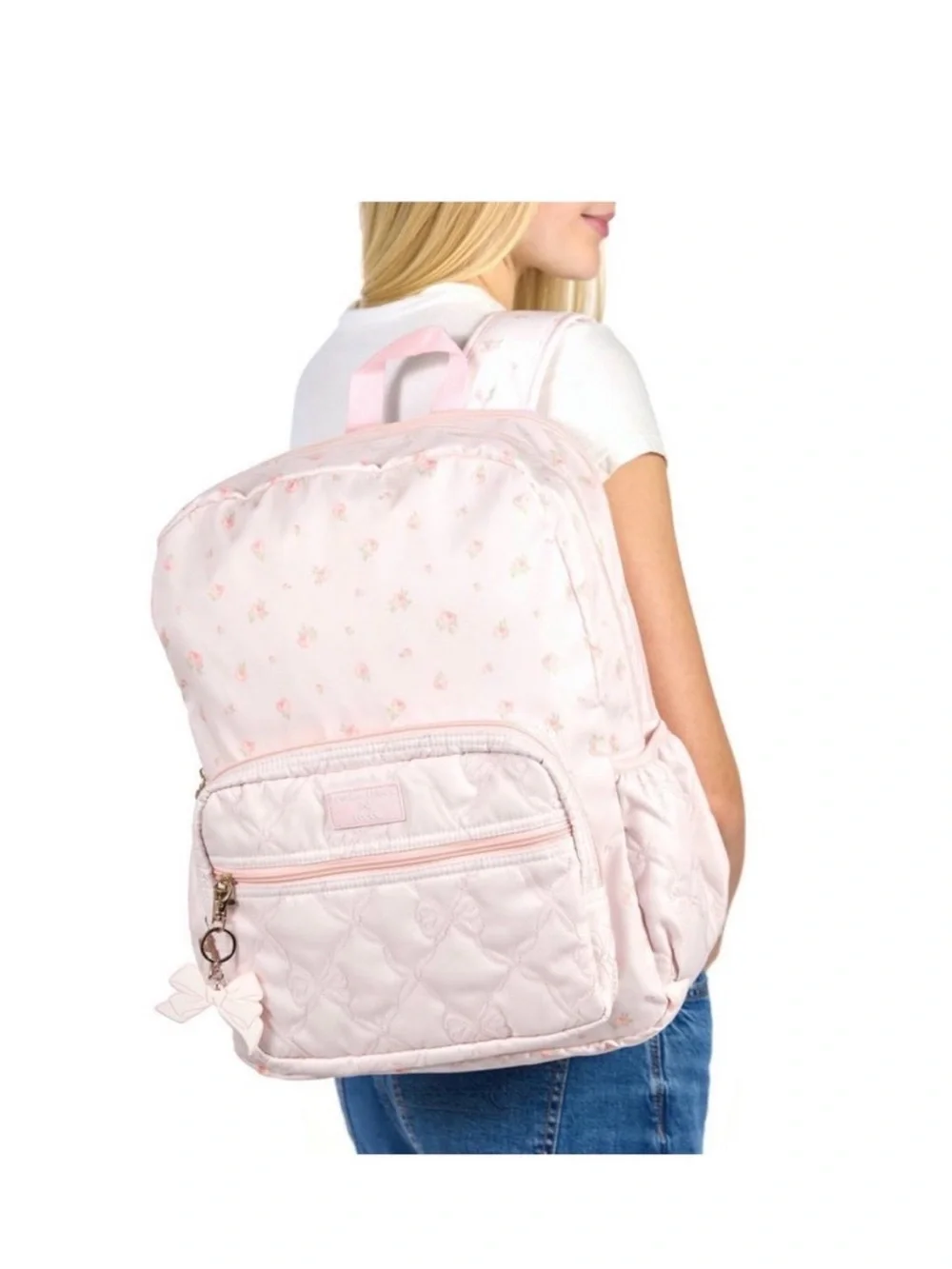 LoveShackFancy Set Pink Quilted Kids Backpack with Bow Charm and Pencil case